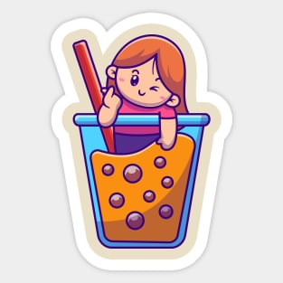 Cute Girl Loving Bubble Tea Cartoon Sticker